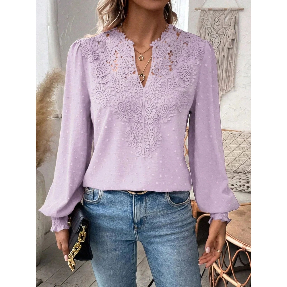 Women's V Neck Long Sleeve Blouses Swiss Dot Texture Loose Fit Tunic Shirt Tops Casual Dressy Summer Layering Daily Essential Chiffon Flowy Lace Crochet Trendy Clothing