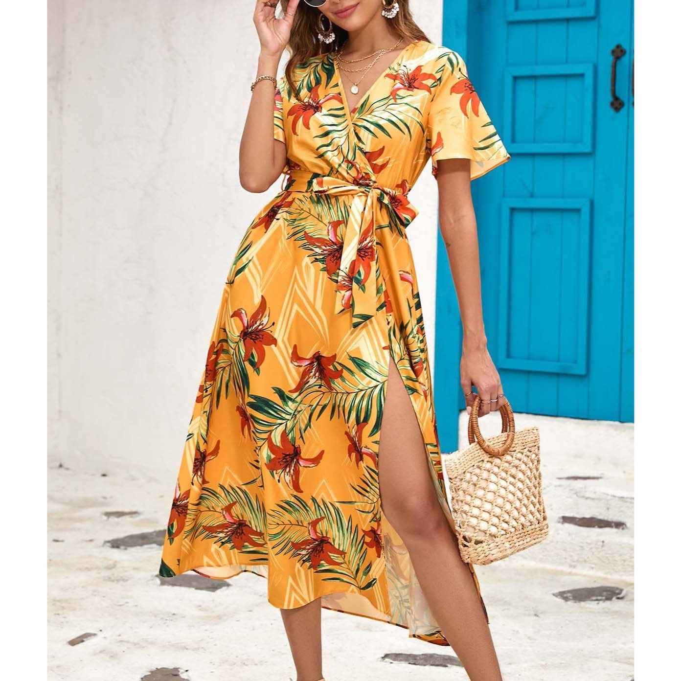 Women's V-Neck Short Sleeve Wrap Dress Floral Print Tie Waist Beach Sundress Lightweight Polyester Vacation Summer Dress