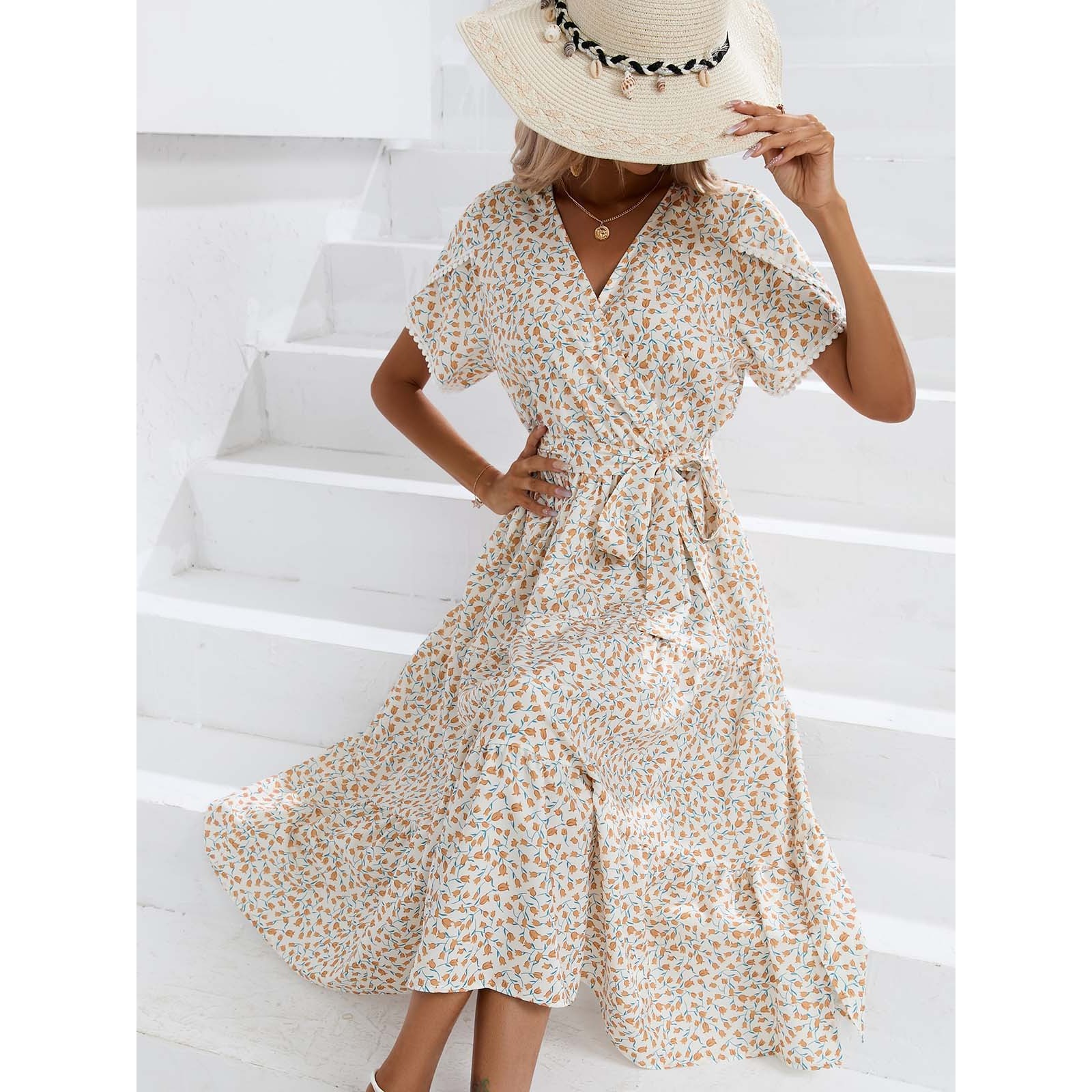 Women's V-Neck Floral Sundress Lace Trim Short Sleeve Beach Dress Side Slit Vacation Outfit Lightweight Polyester Summer Dress
