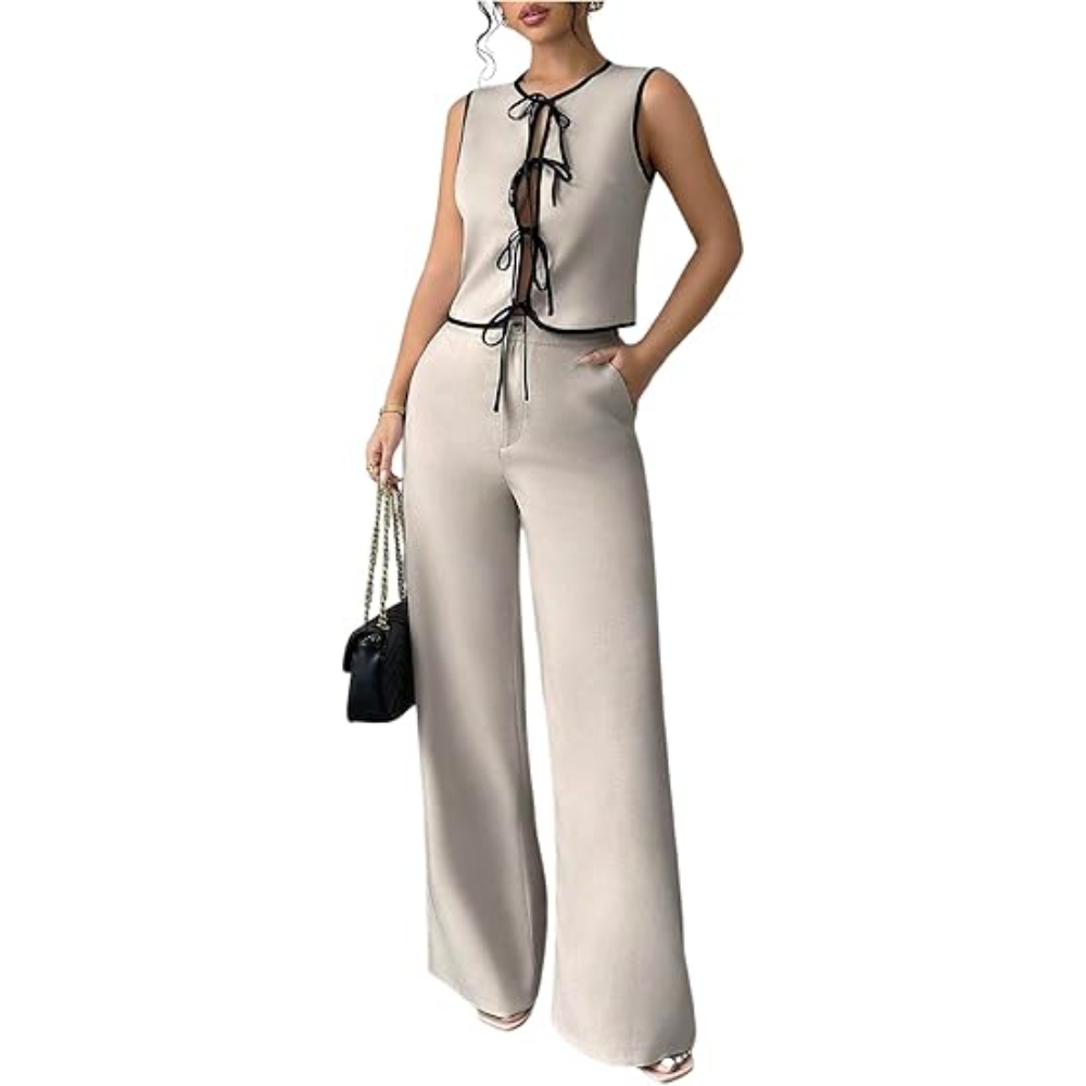Women's 2 Piece Outfit Tie Front Crew Neck Sleeveless Tank Top and Wide Leg Pants Elegant Set
