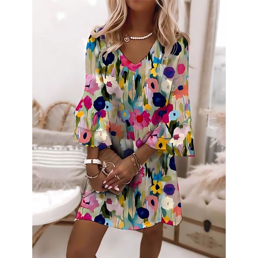 Women's Mini Dress Floral Print V Neck Three Quarter Sleeves Fashion Unique 2025 Summer Spring Resort Dress