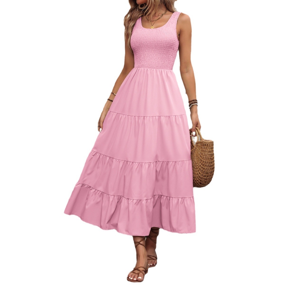 2024夏季欧美外贸跨境女装亚马逊吊带裙抽褶拼接a字大摆连衣裙
