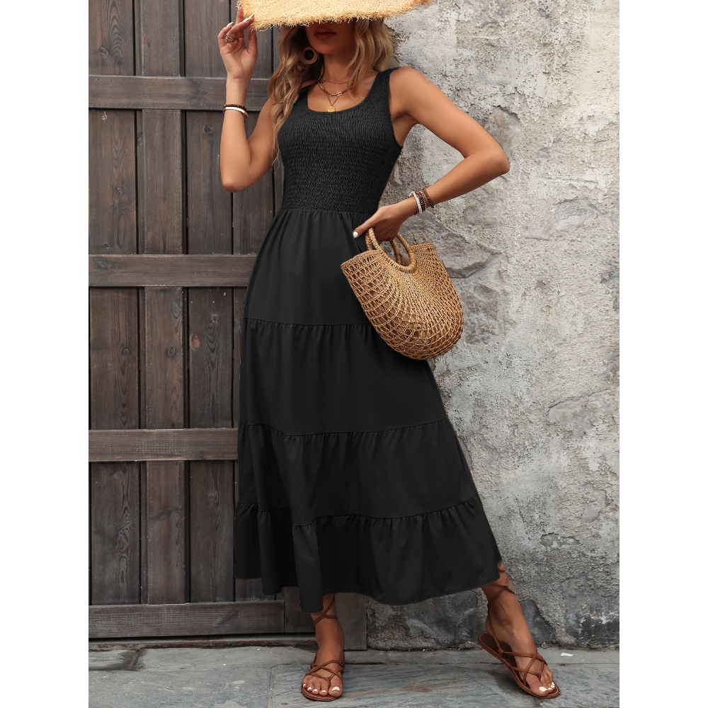 Women's Summer U-Neck Spaghetti Straps Solid Color Maxi Sundress Sleeveless Smocked Tank Pleated Tiered Flowy Dress Comfy Casual Loose A Line Beach Long Maxi Dress