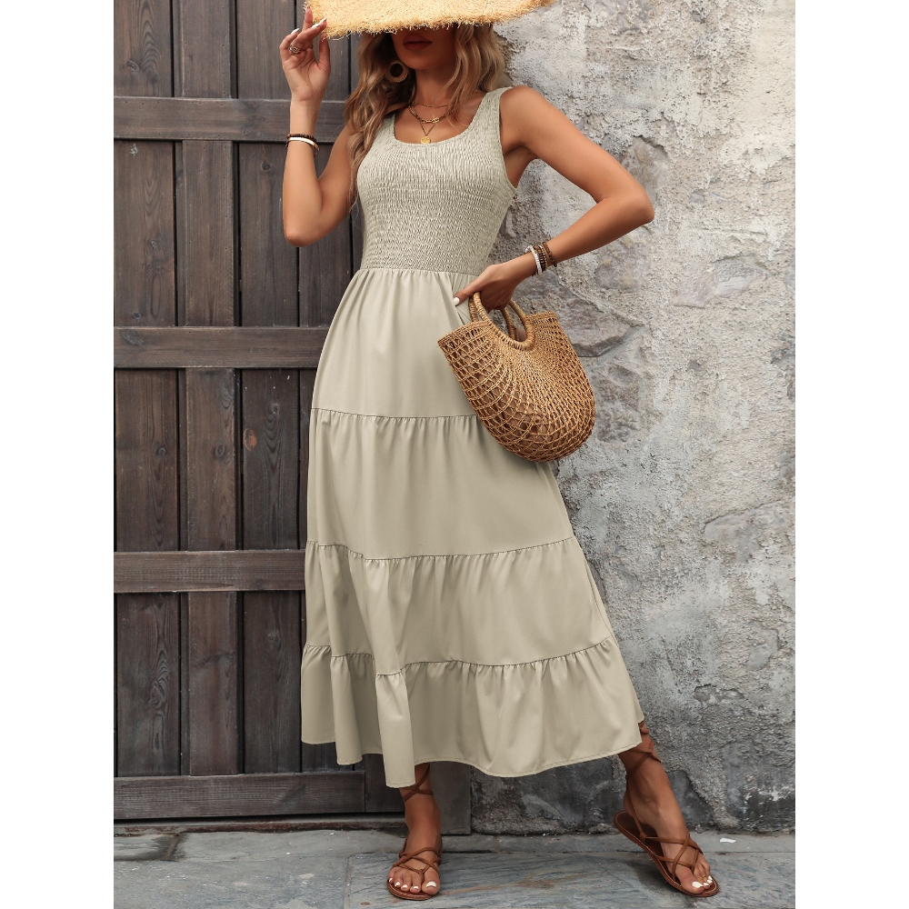 Women's Summer U-Neck Spaghetti Straps Solid Color Maxi Sundress Sleeveless Smocked Tank Pleated Tiered Flowy Dress Comfy Casual Loose A Line Beach Long Maxi Dress