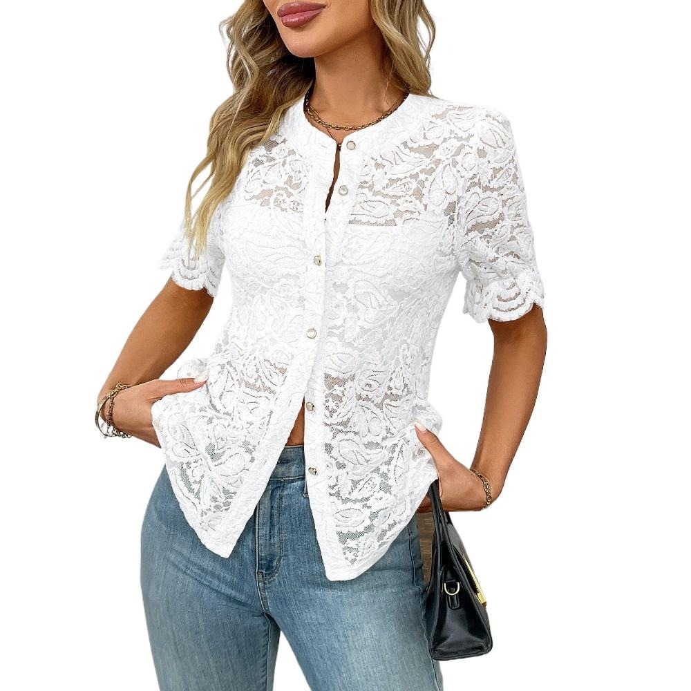 Womens 2025 Spring Summer Lace Tops Short Puff Sleeve Casual Dressy Blouses Shirts