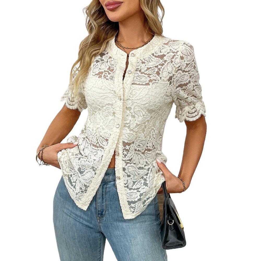 2025新款 外贸女士夏季蕾丝短袖子休闲衬衫纽扣衬衫
