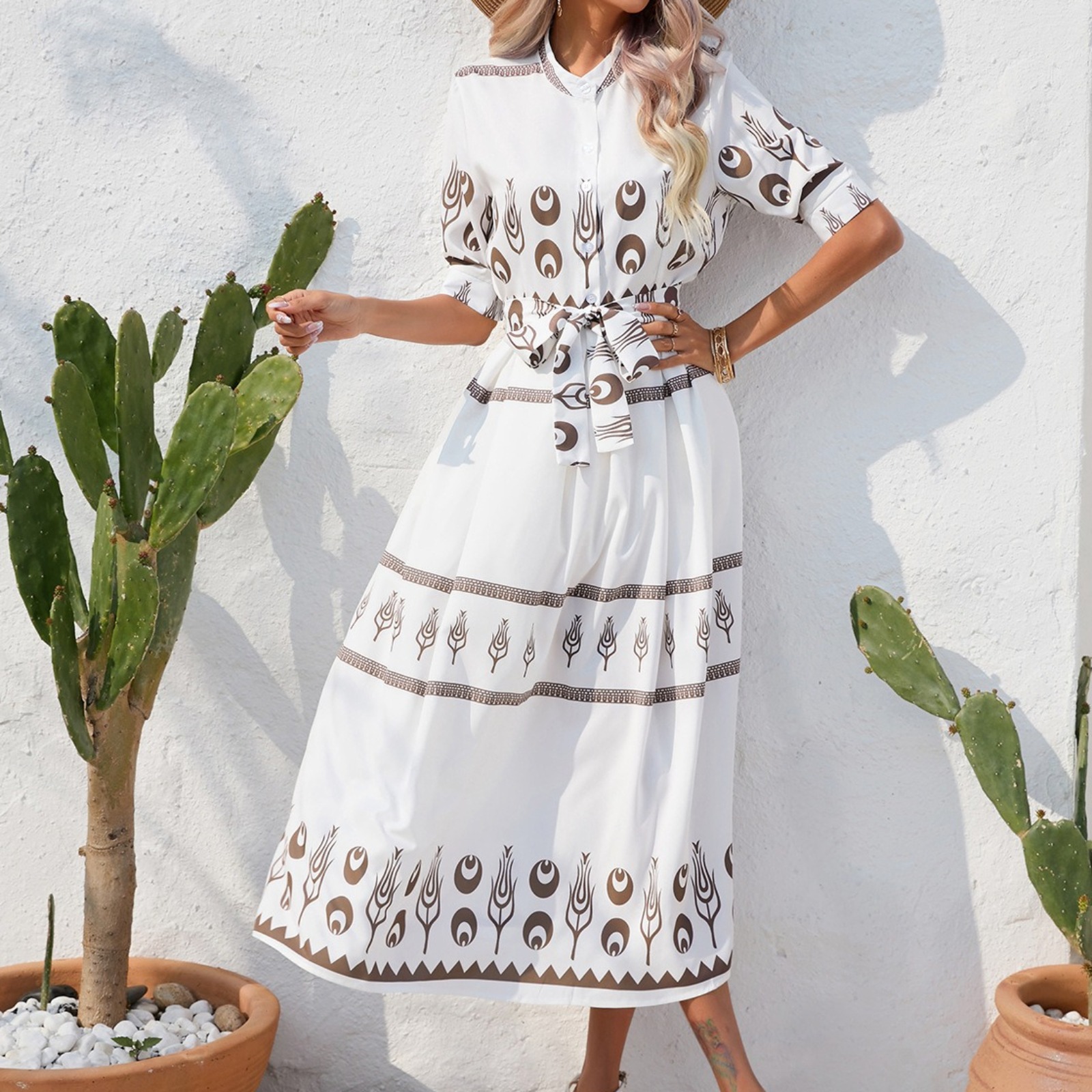 女装欧美夏季名族风印花五分袖连衣裙