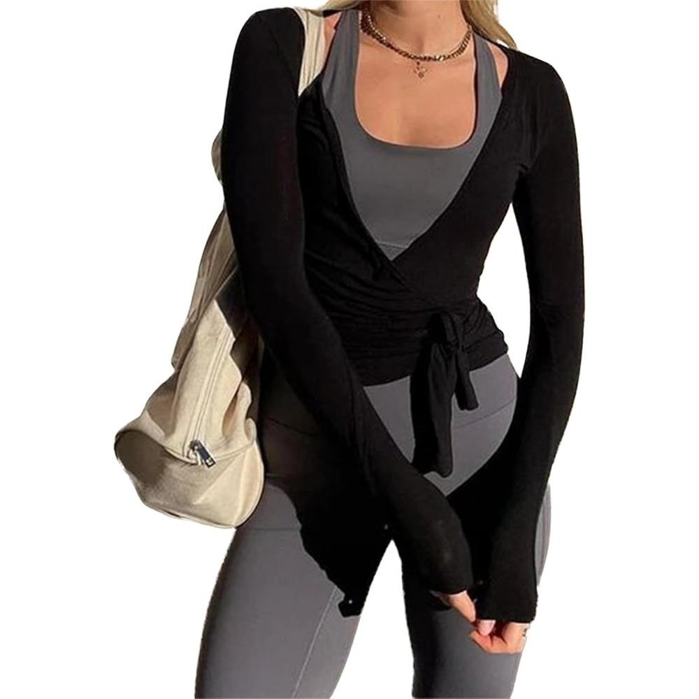 Women Y2K Cross Wrap Long Sleeve Deep V Neck Yoga Workout Blouse, 2025 Sports Top Fashion Trend
