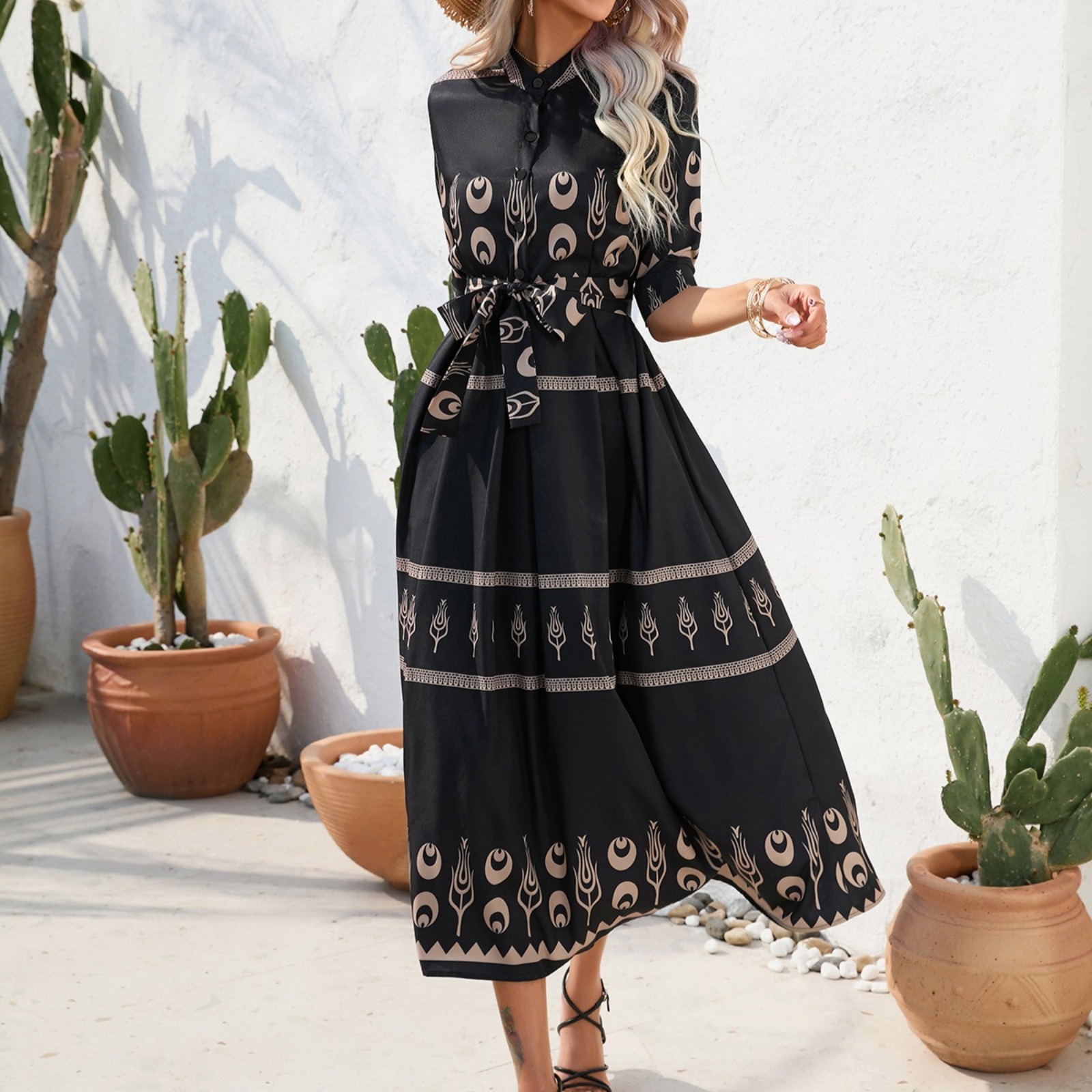 Women's Ethnic Print 3/4 Sleeve Dress High Neck Solid Color Floral Dress Lightweight Polyester Casual Spring Summer Dress