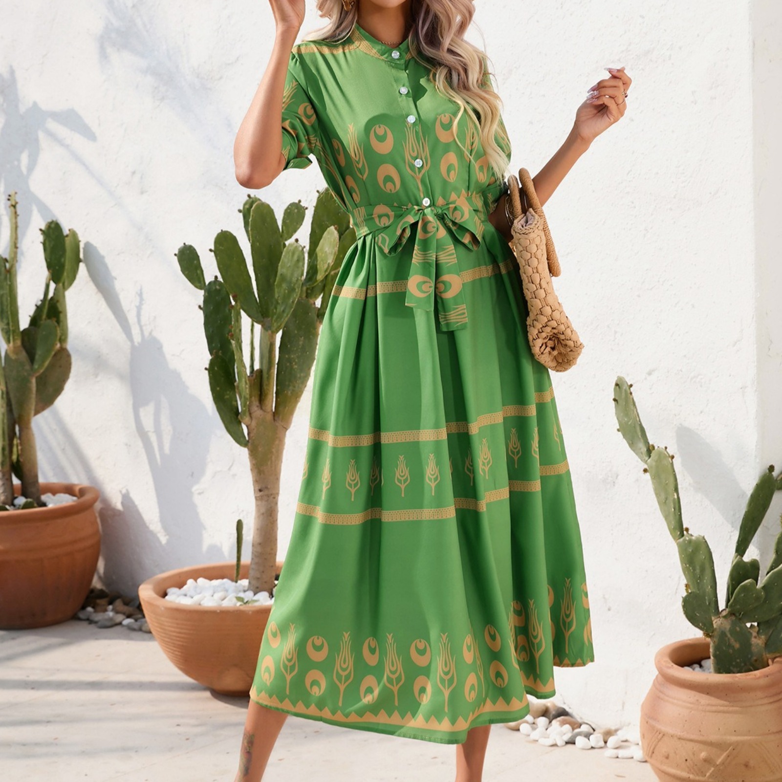 女装欧美夏季名族风印花五分袖连衣裙