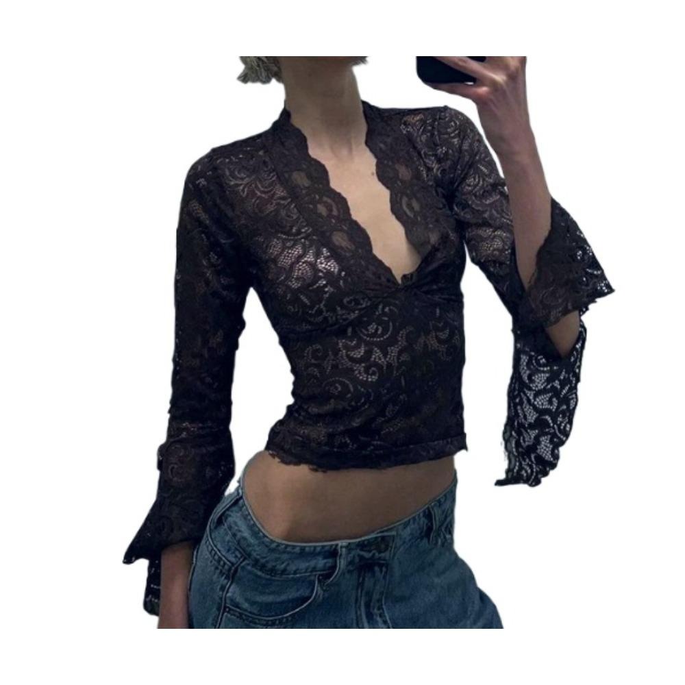 2025春欧美ins风热销款性感深V修身百搭短款露脐花边长袖辣妹风