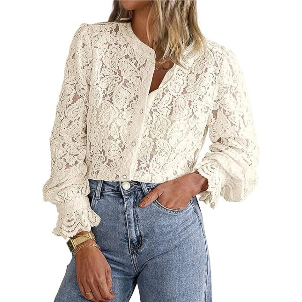 Women's Spring Dressy Solid Color Ruffled Long Sleeve Button Down Lace Blouses Office Business Casual Slim Lightweight Comfy Shirts Tops Fall Trendy Clothes for Date Night & Club Party 
