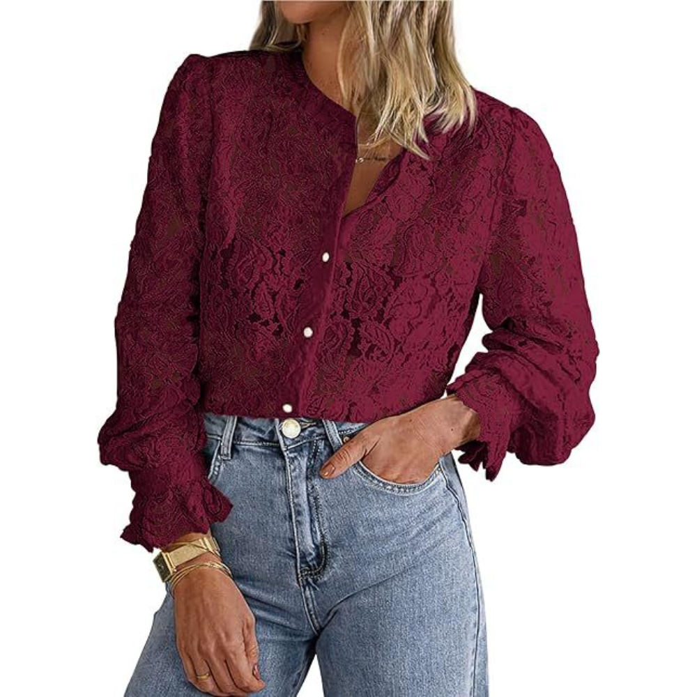 Women's Spring Dressy Solid Color Ruffled Long Sleeve Button Down Lace Blouses Office Business Casual Slim Lightweight Comfy Shirts Tops Fall Trendy Clothes for Date Night & Club Party 