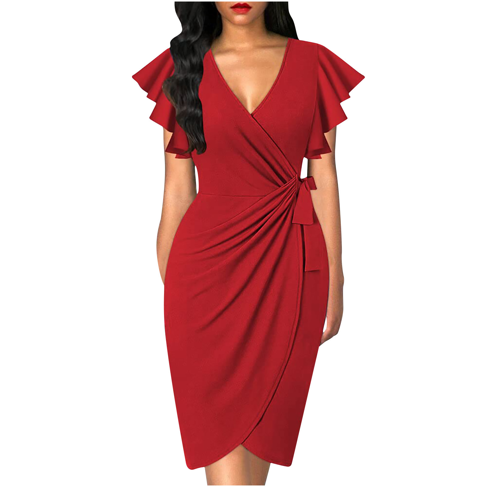 Women's Summer V Neck Ruffle Sleeve Midi Dress Solid Color Slim Smocked Waist Tie Dress Casual Cocktail Party Work Faux Wrap Dress for Business Meetings, Evening Events