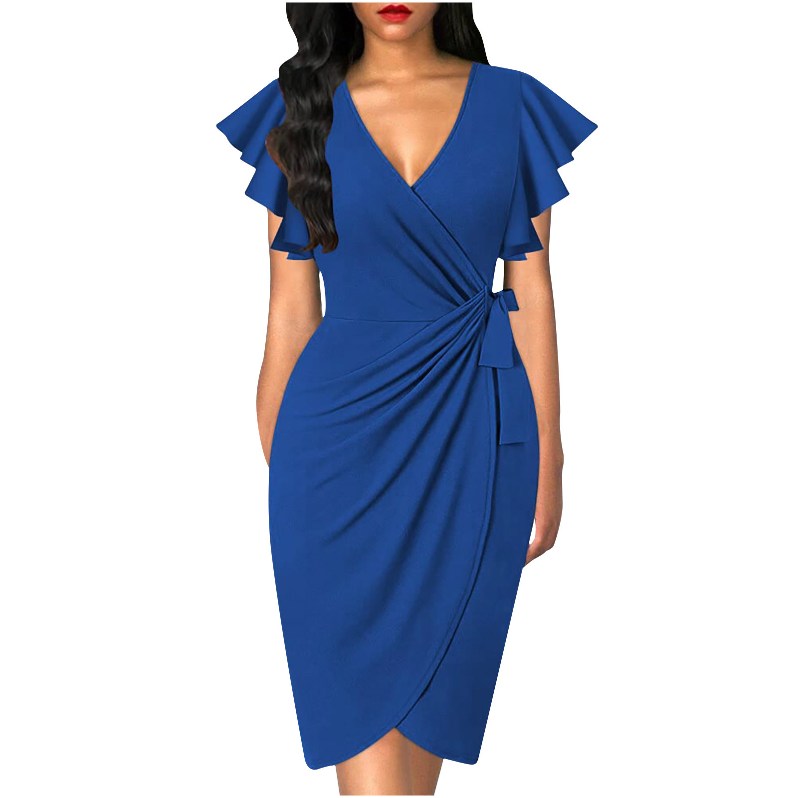 Women's Summer V Neck Ruffle Sleeve Midi Dress Solid Color Slim Smocked Waist Tie Dress Casual Cocktail Party Work Faux Wrap Dress for Business Meetings, Evening Events