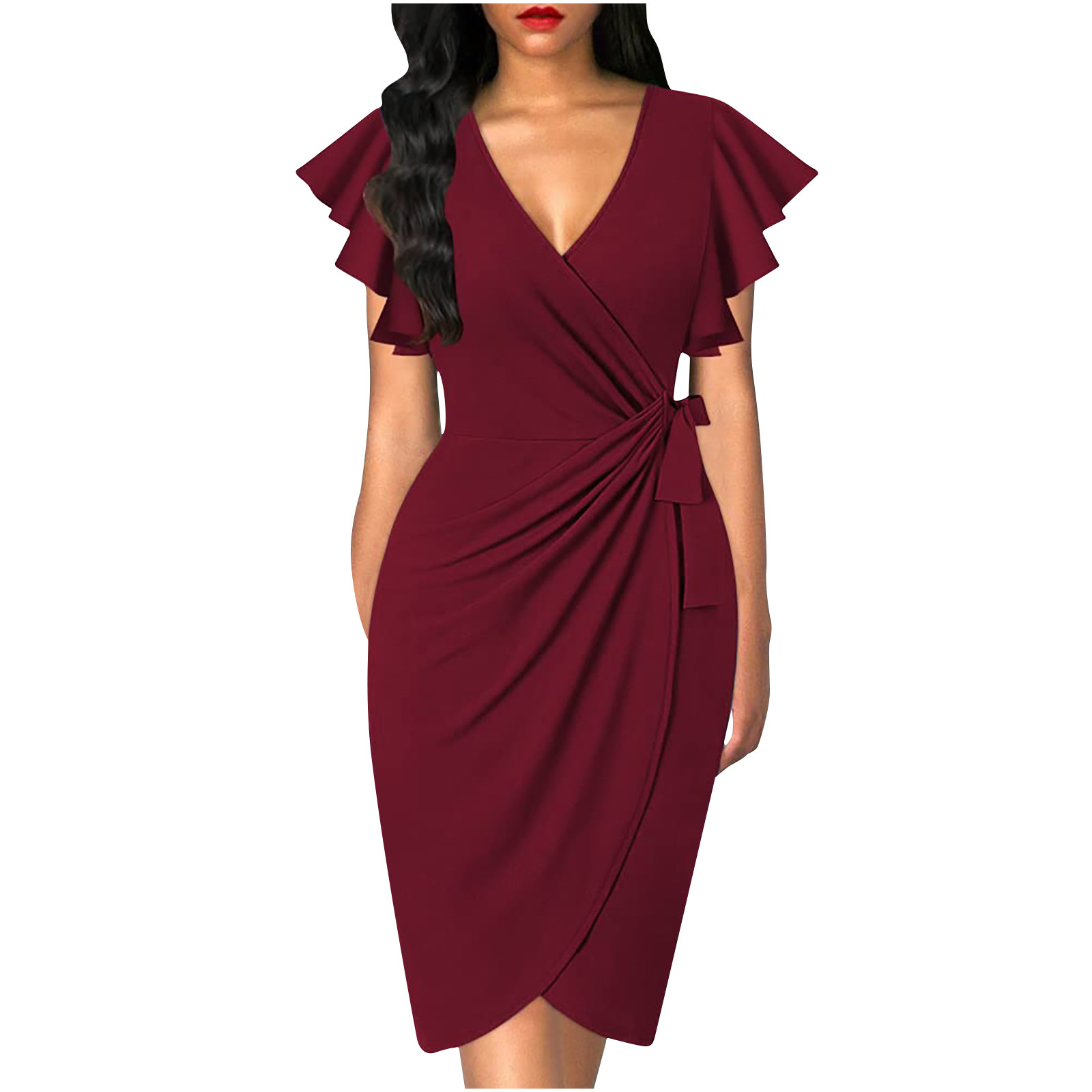 Women's Summer V Neck Ruffle Sleeve Midi Dress Solid Color Slim Smocked Waist Tie Dress Casual Cocktail Party Work Faux Wrap Dress for Business Meetings, Evening Events