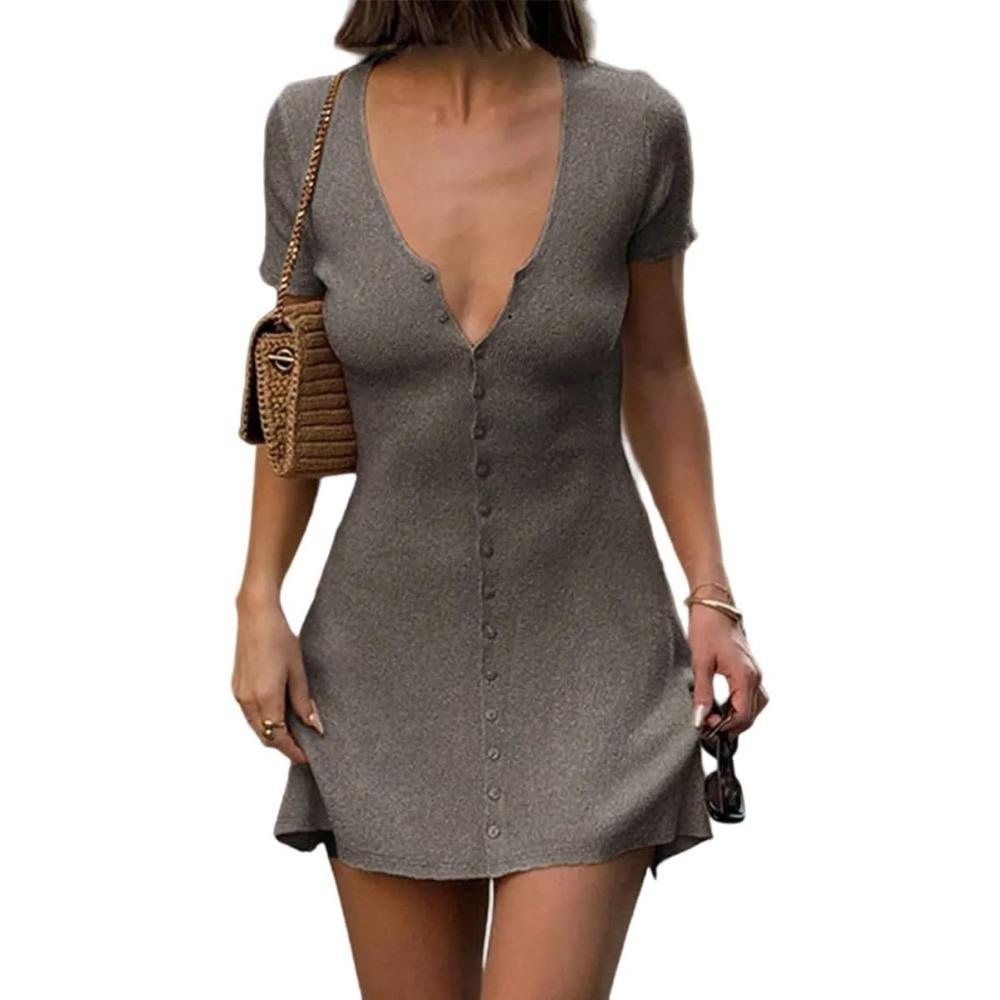 Women Sexy Deep V Neck Button Front Knit Mini Dress Elegant Short Sleeve Ribbed Flowy Hem A-Line Short Dress