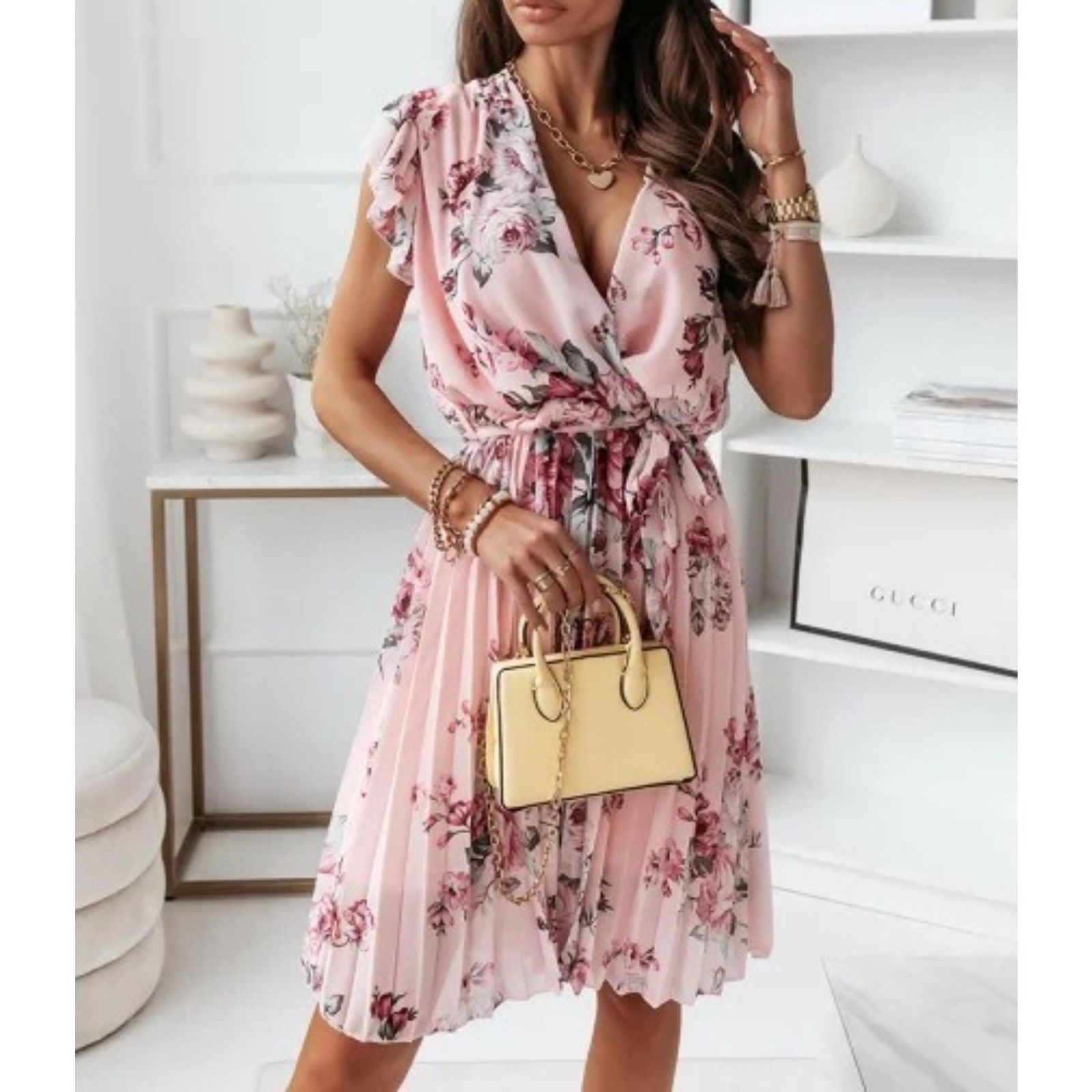 夏季荷叶边短袖V领数码印花 连衣裙女