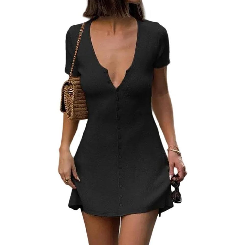 Women Sexy Deep V Neck Button Front Knit Mini Dress Elegant Short Sleeve Ribbed Flowy Hem A-Line Short Dress