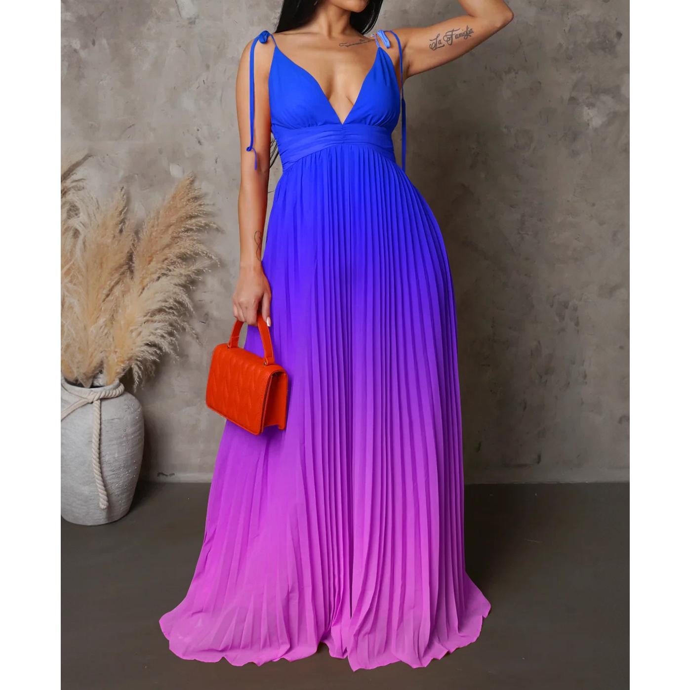 Women's Gradient Blue Orange Maxi Dress V-Neck Backless Long Dress A-Line Flowy Formal Gown Wedding Guest Party Dress