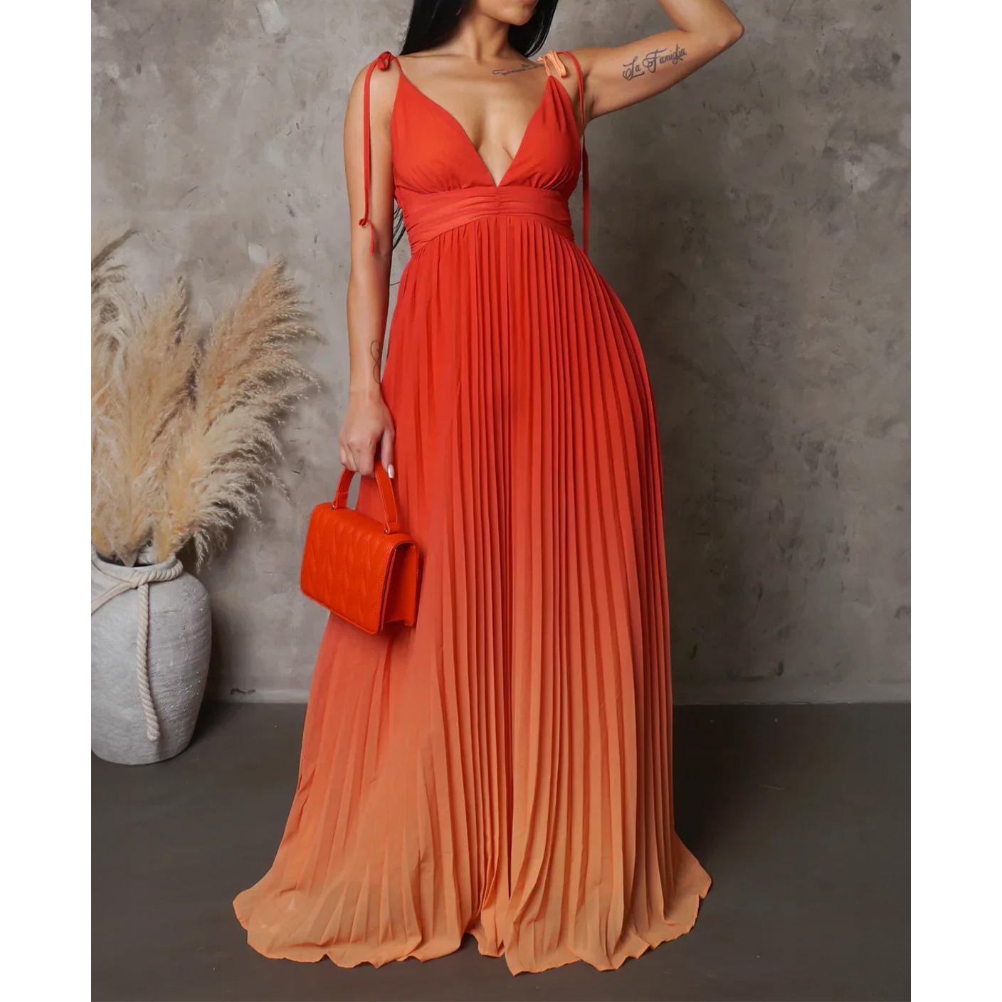 Women's Gradient Blue Orange Maxi Dress V-Neck Backless Long Dress A-Line Flowy Formal Gown Wedding Guest Party Dress