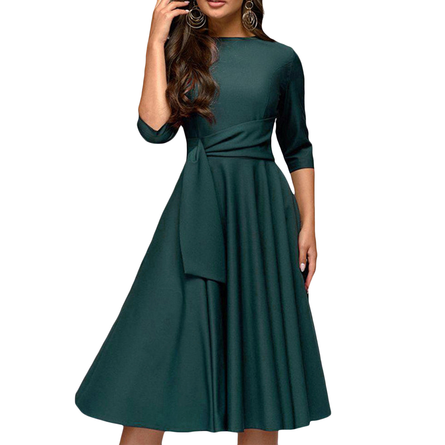 Women's Vintage Elegant 3/4 Sleeves Formal Dresses Round Neck Front Tie Waist Flared Swing Hem A-Line Maxi Dress Solid Color Cocktail Party Midi Dress