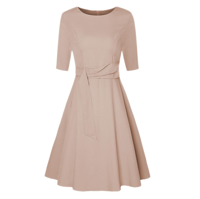 亚马逊wish2025春季新款圆领中袖系带收腰连衣裙 复古气质大摆裙