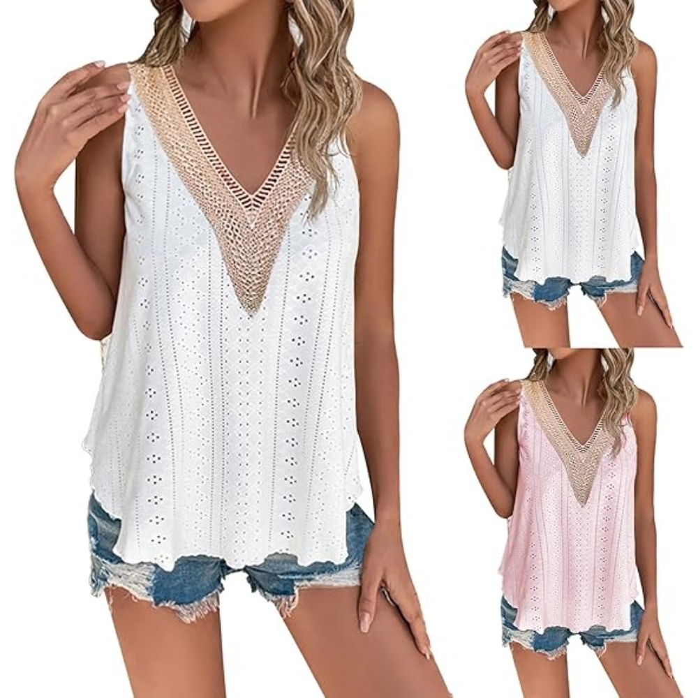 Women's Casual Sleeveless Shirts Lace V Neck Color Block Dressy Tops Trendy Hollow Floral Blouses T Shirts