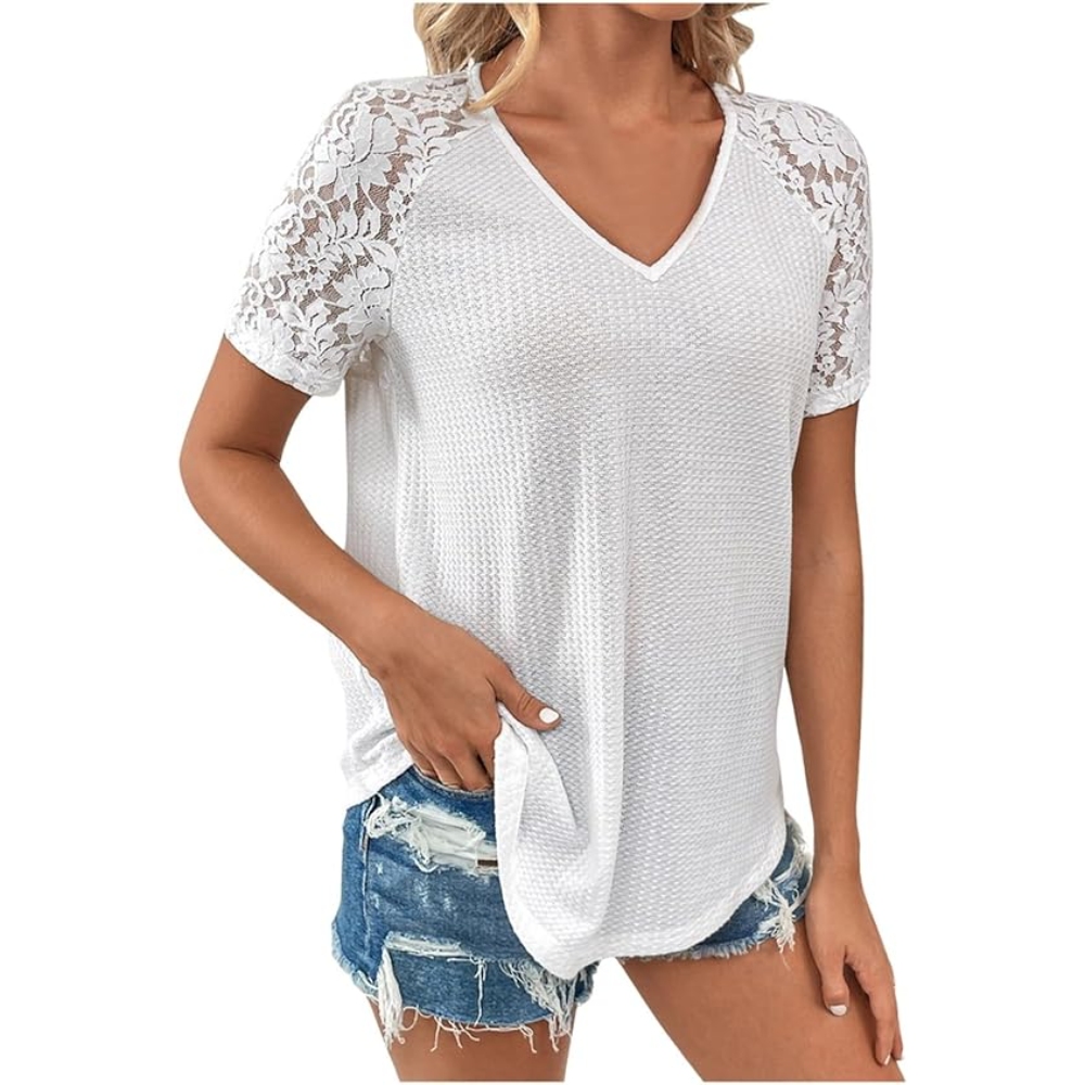Women's 2025 Summer V Neck Lace Short Sleeve Waffle Tunic Top Solid Floral Lightweight Top Loose Fit Tee Blouse Work Office Business Casual Beach Holiday Shirt Top