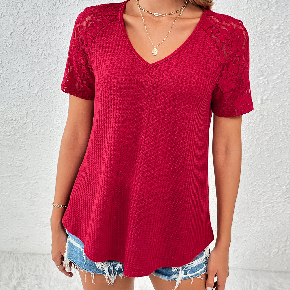 Women's 2025 Summer V Neck Lace Short Sleeve Waffle Tunic Top Solid Floral Lightweight Top Loose Fit Tee Blouse Work Office Business Casual Beach Holiday Shirt Top