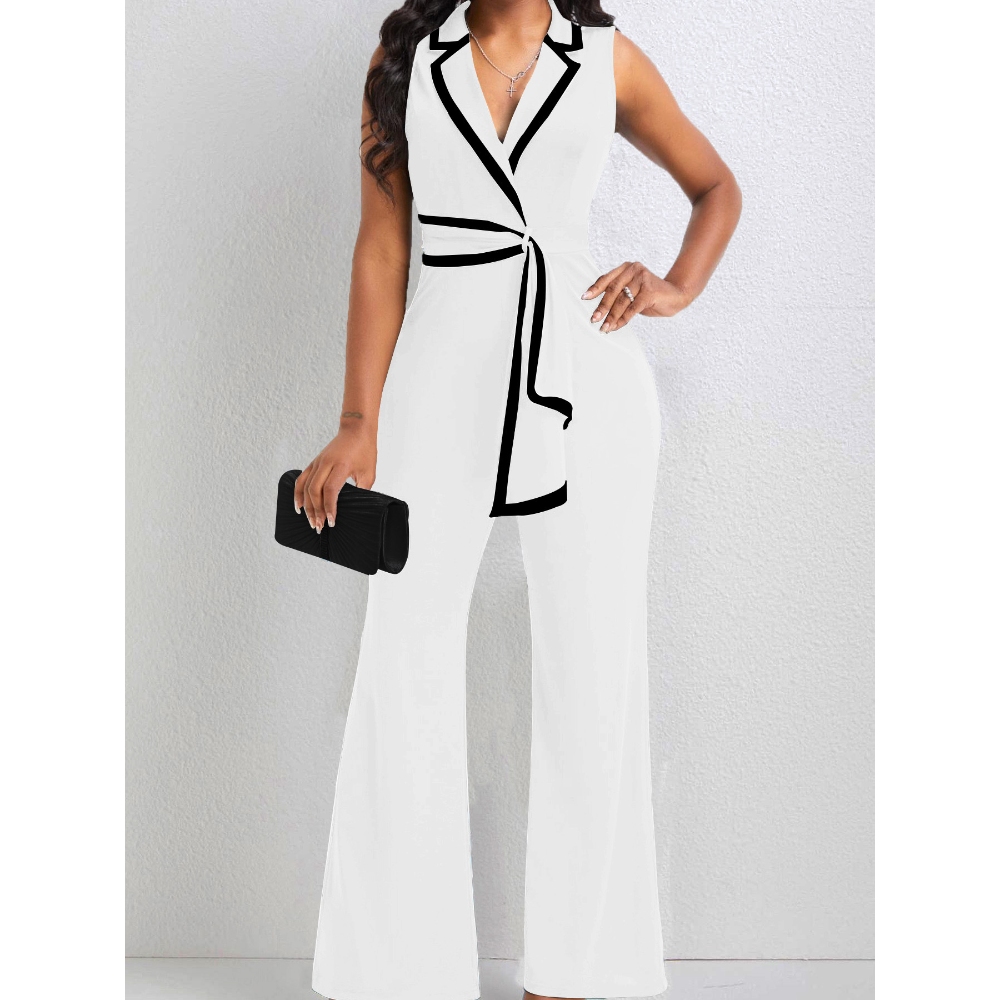 女子条纹拼接缺口领宽腿连体裤锻炼夏天街游戏服一件西装