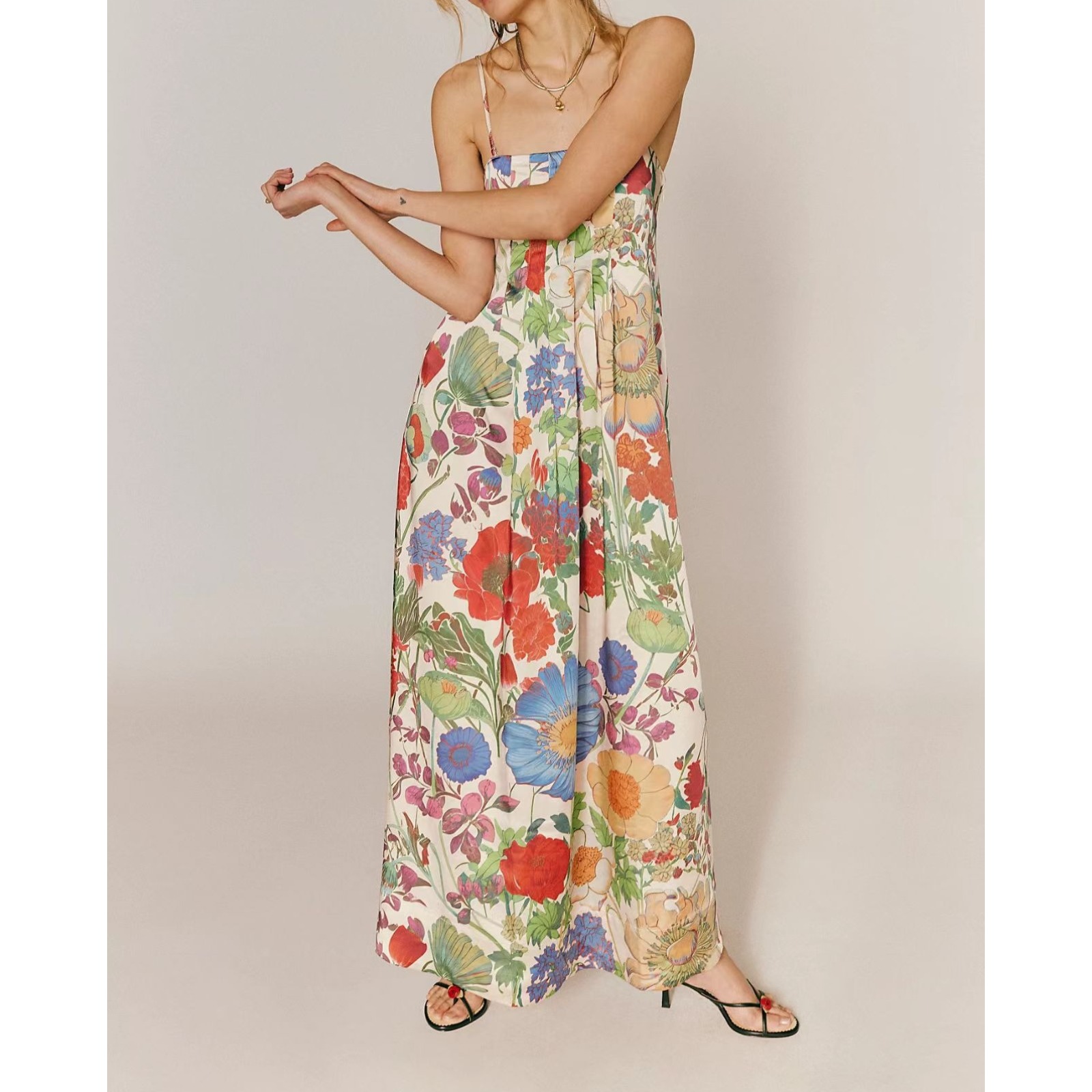 Women's Square Neck Belted Maxi Dress Adjustable Strap Cotton Blend Print Beach Dress A-Line Vacation Sundress Summer Outfit