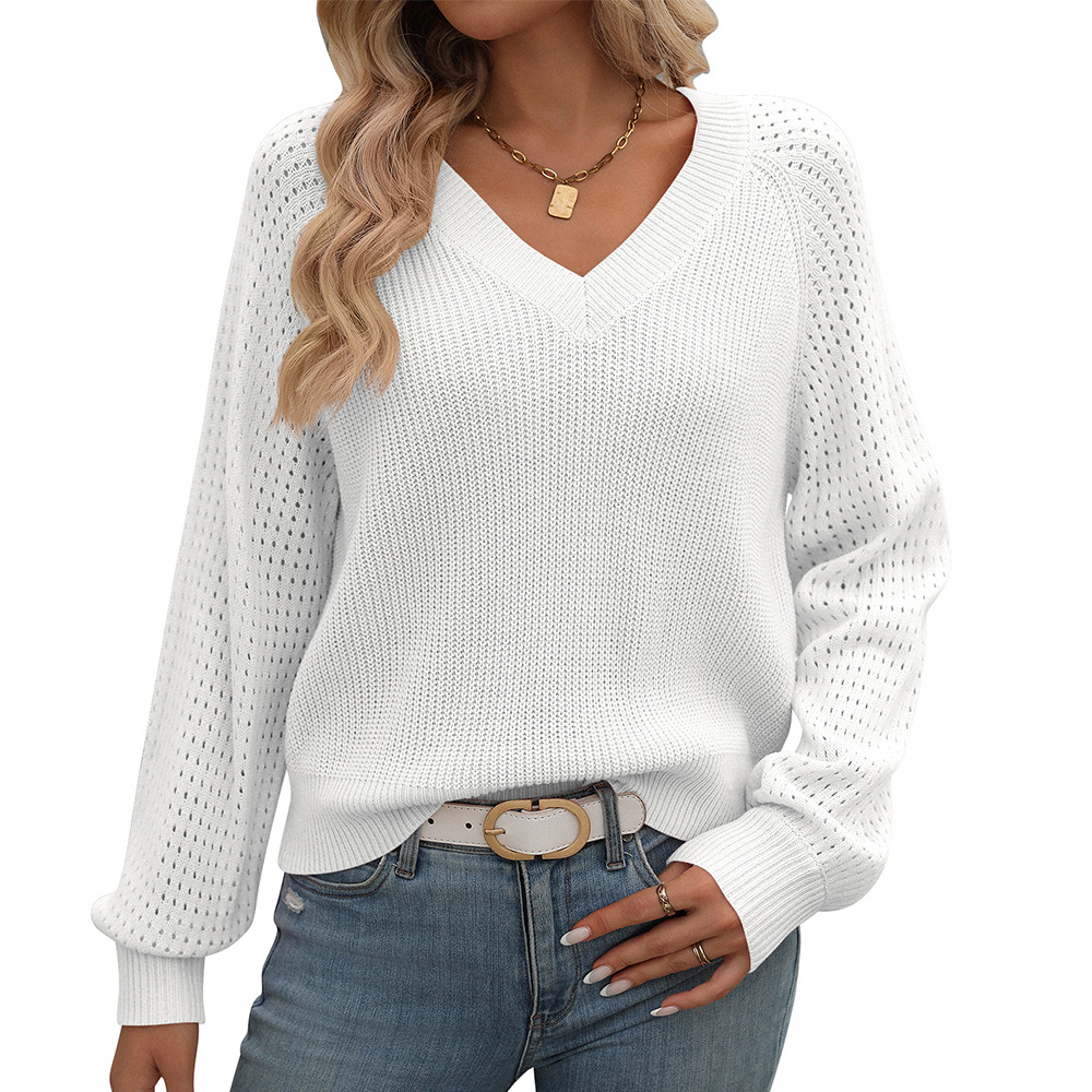 Women's Fall Winter V Neck Sweater Textured  Knit Long Sleeve Pullover Crochet Hollow Out Eyelet Loose Fit Soft Top for Layering Solid Color Casual Business Office Elegant Top