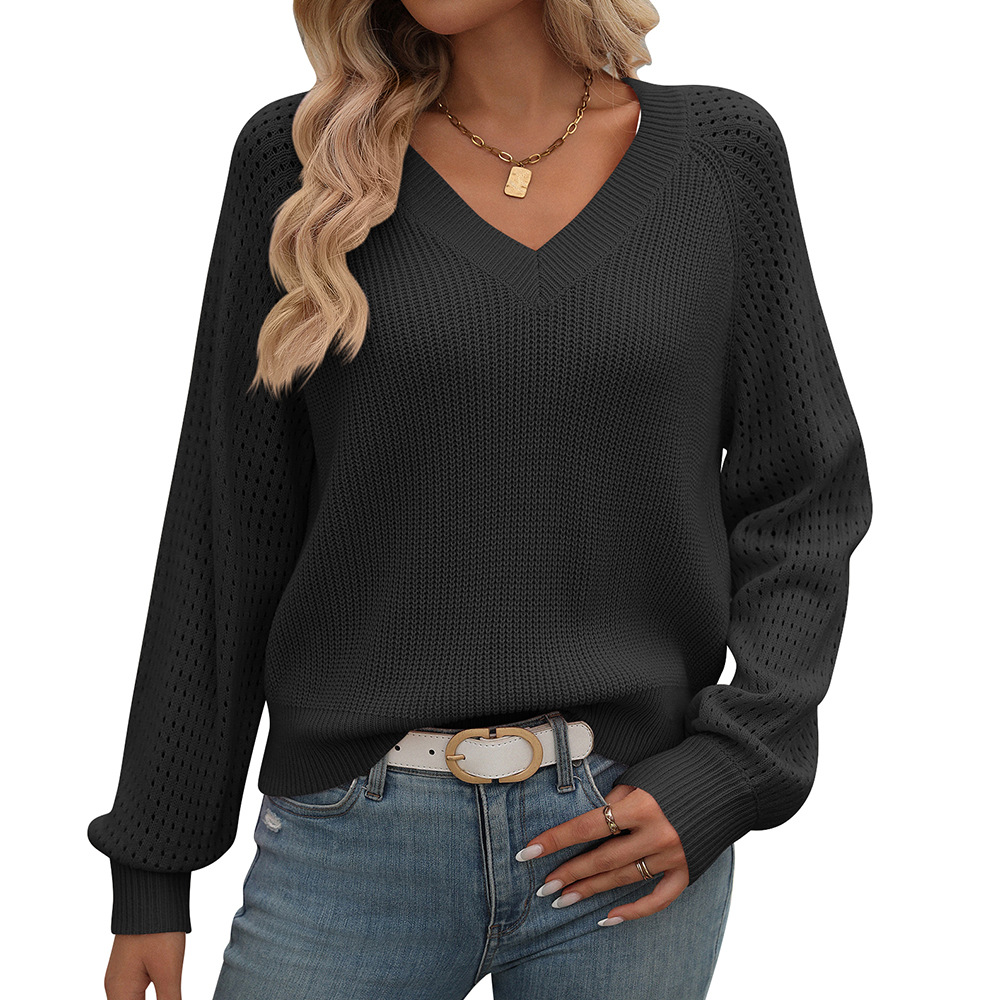 Women's Fall Winter V Neck Sweater Textured  Knit Long Sleeve Pullover Crochet Hollow Out Eyelet Loose Fit Soft Top for Layering Solid Color Casual Business Office Elegant Top