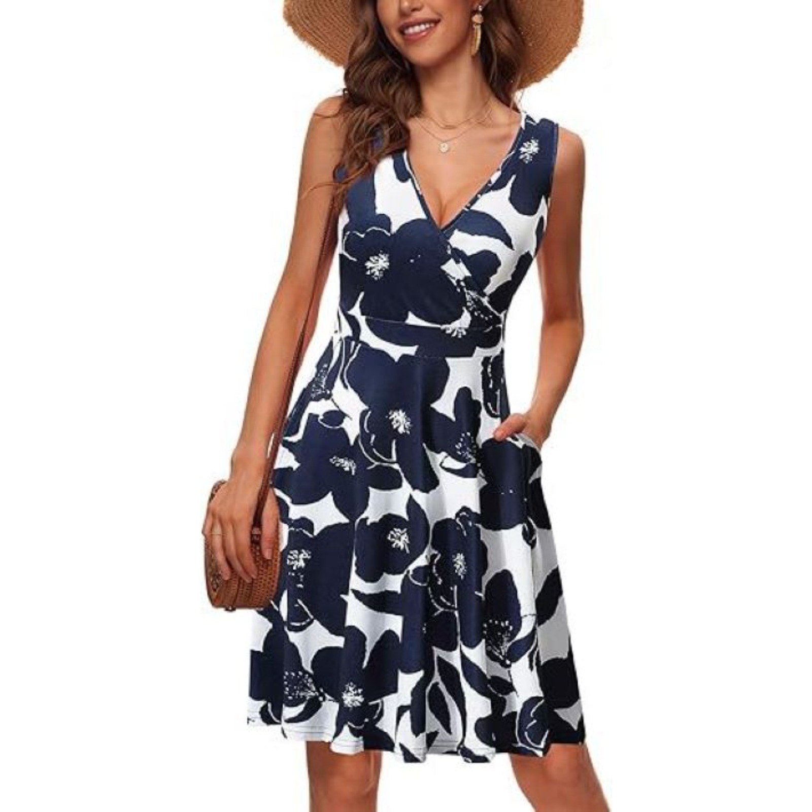 Women's Blue Print V-Neck Pocket Sundress Sleeveless Lightweight Beach Dress Casual Vacation Swing Dress Polyester Summer Outfit