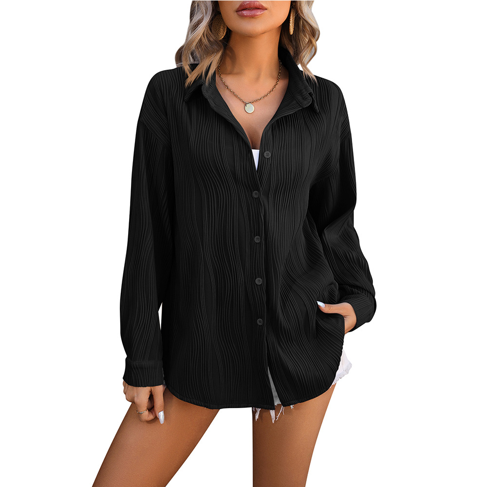 Women's Summer Casual Texture Blouse Long Sleeve V Neck Loose Fit Button Down Shirt Collared Neck Solid Color Loose Fit Shirt Tops for Beach Vacations, Daily Wear & Work Office Trendy Clothing