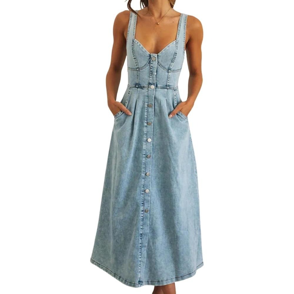 Women's Summer Casual Button Down Denim Dress Sleeveless Slim Fit Midi A-Line Jean Dress