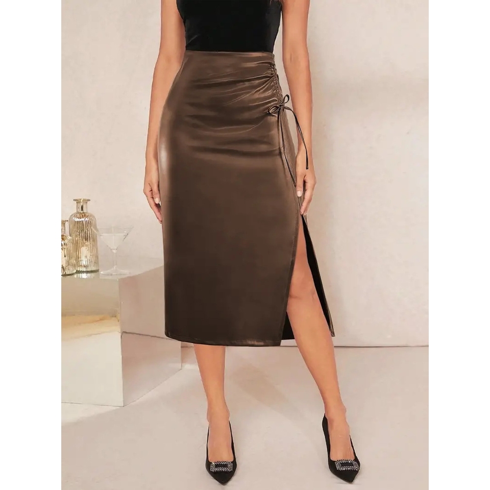 Women's Y2K Streetwear Faux Leather Leather High Waisted Bodycon Pencil Skirt with Asymmetrical Side Slit - Slimming Ruched Tummy Control Midi Skirt for Work, Party & Casual Going Out 