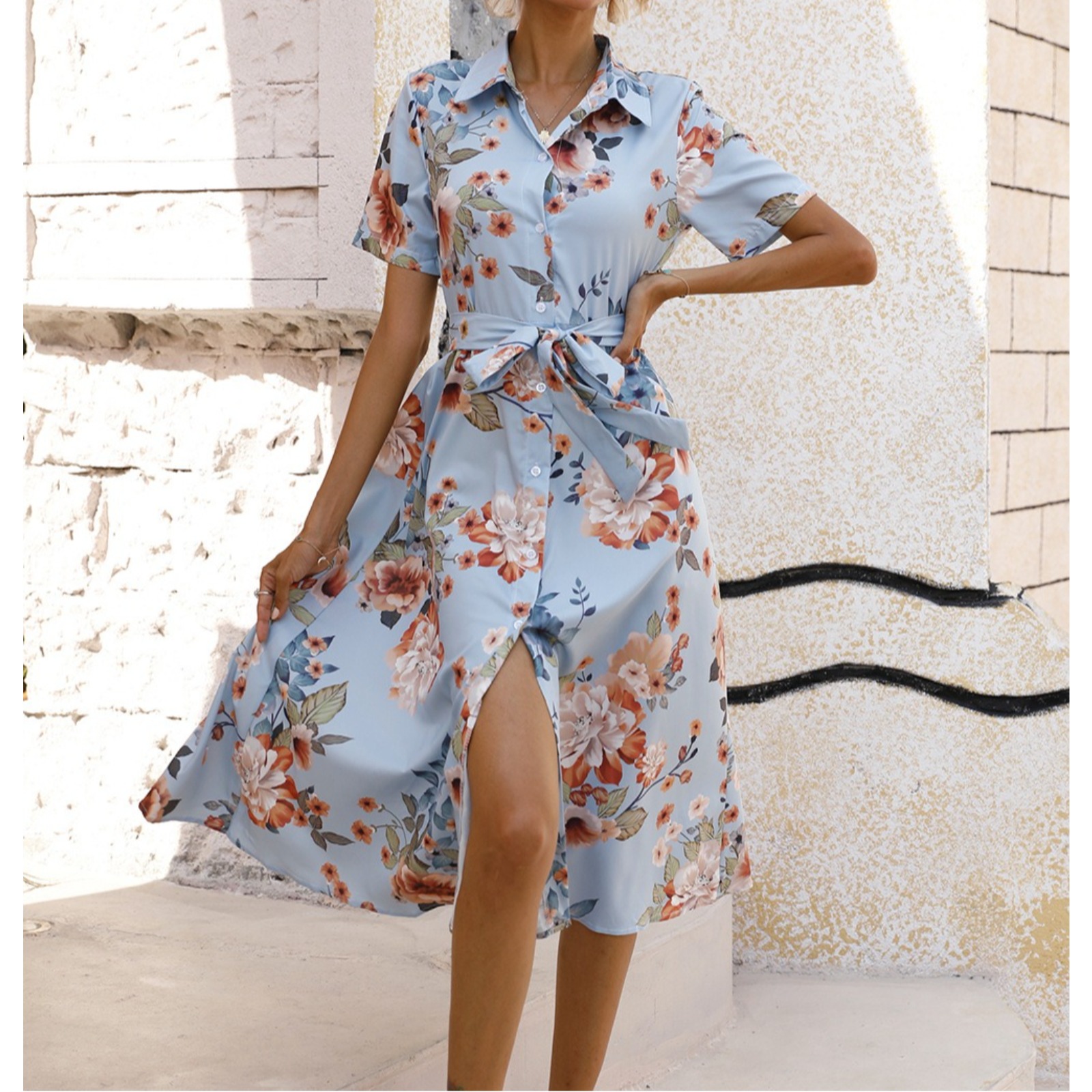 Women's Button Front Shirt Dress Short Sleeve Floral Print Tie Waist Asymmetrical Hem Side Slit Casual Summer Vacation Sundress