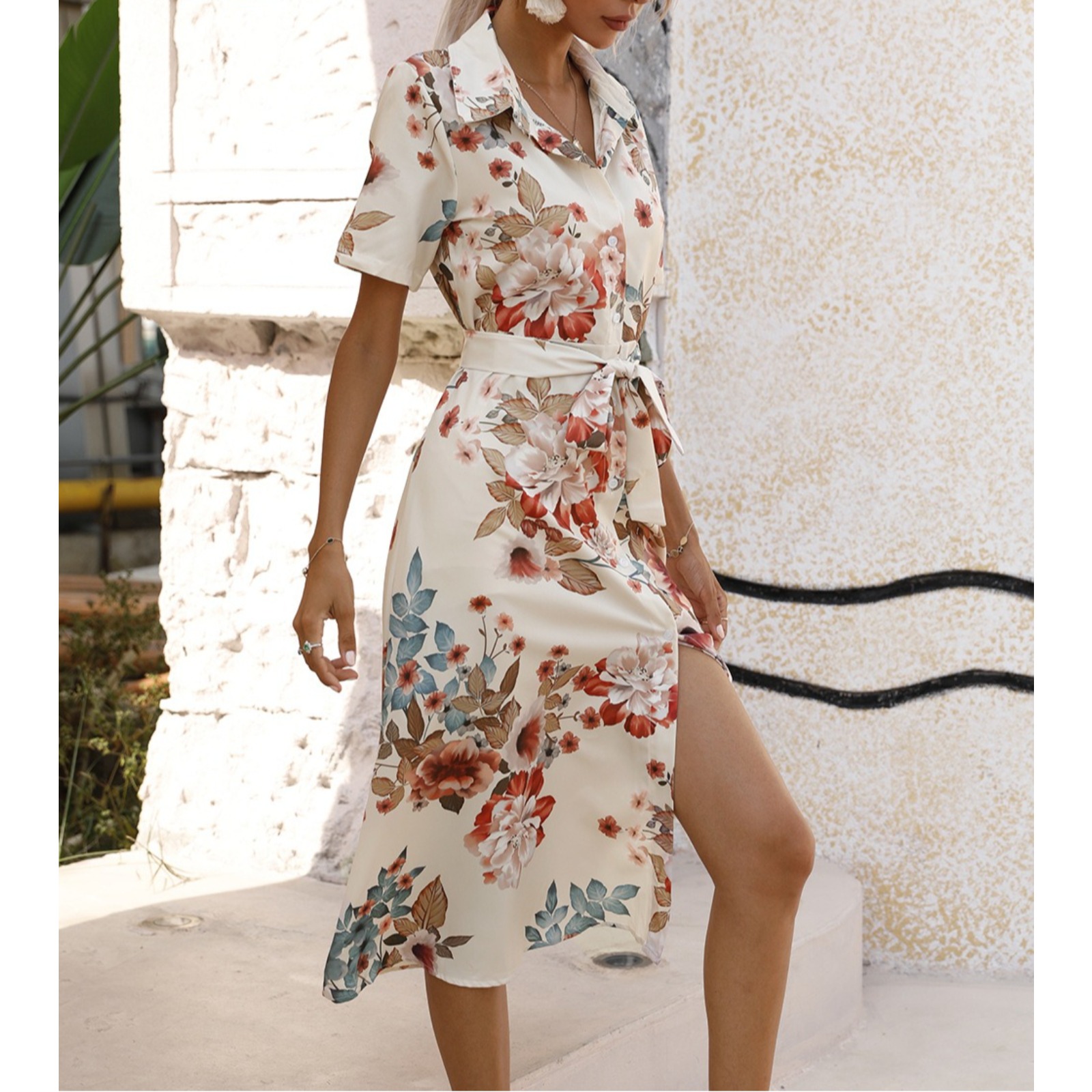 夏季收腰单排扣印花短袖连衣裙