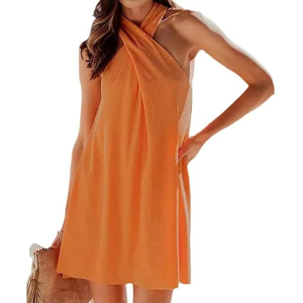 亚马逊跨境挂脖a字无袖短款连衣裙春夏女设计感外贸女装纯色裙子