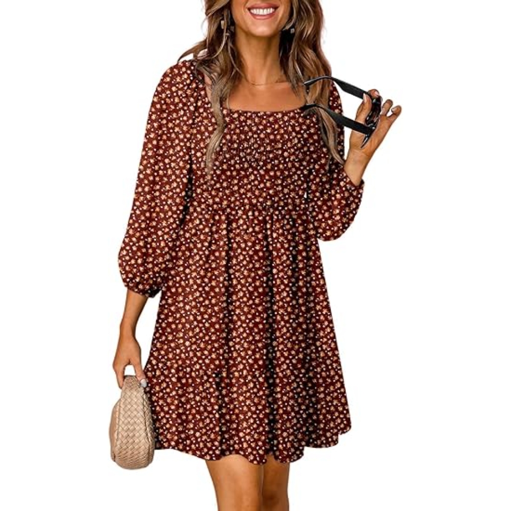 Summer Dresses for Women 2025 Boho Floral Square Neck Smocked 3/4 Sleeve Casual A-Line Swing Mini Dress Sundress