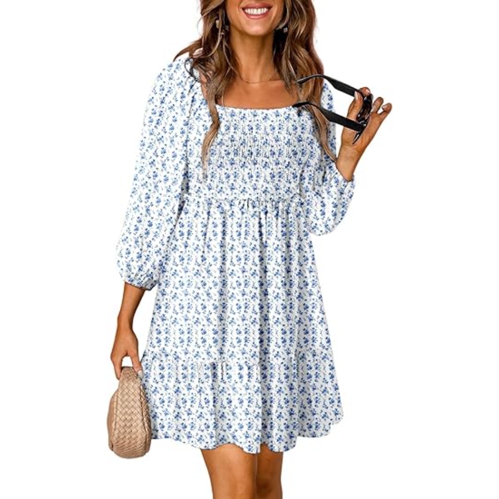 Summer Dresses for Women 2025 Boho Floral Square Neck Smocked 3/4 Sleeve Casual A-Line Swing Mini Dress Sundress