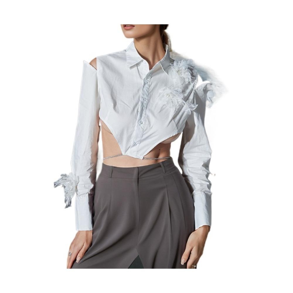 新款时尚露肩羽毛不规则设计感系带露背衬衫上衣女