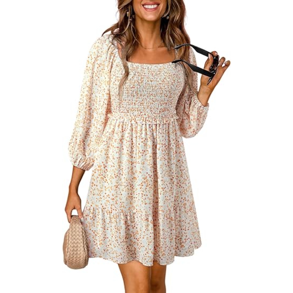 Summer Dresses for Women 2025 Boho Floral Square Neck Smocked 3/4 Sleeve Casual A-Line Swing Mini Dress Sundress