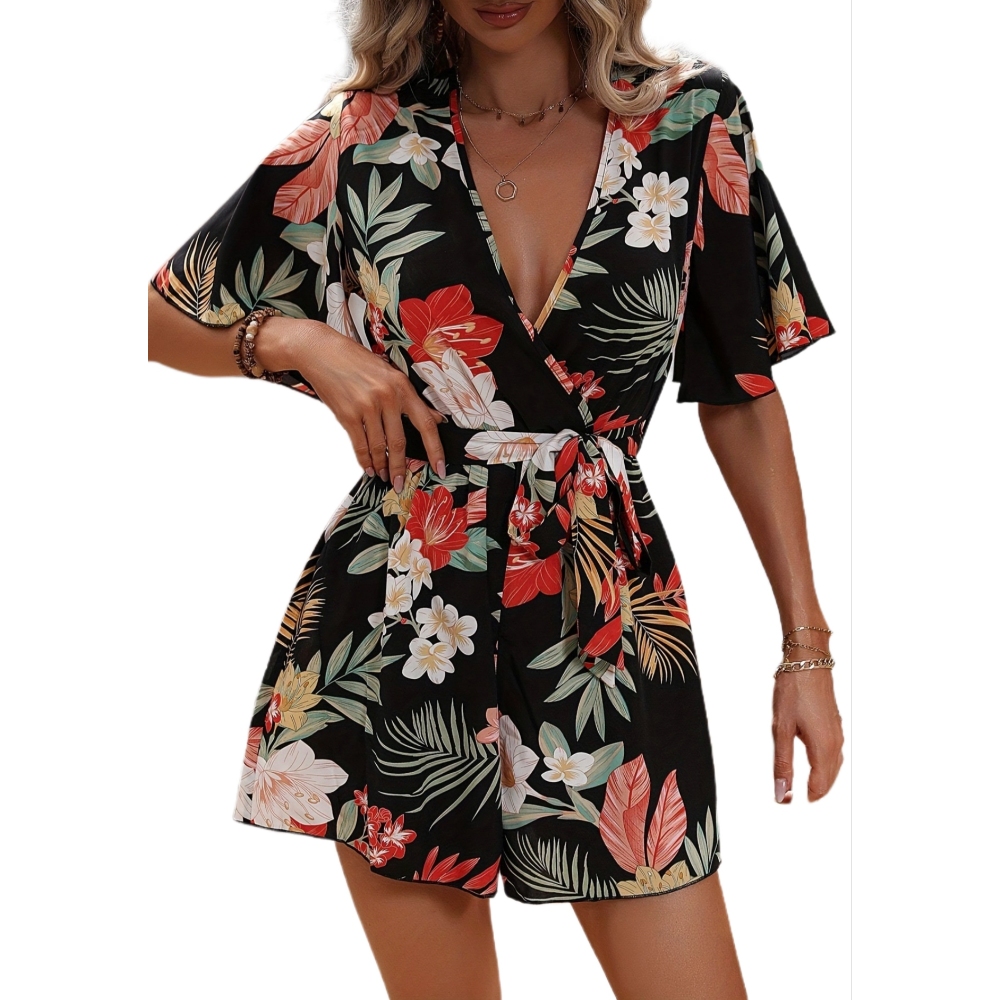Women's Summer Casual Loose Fit Beach Romper Boho Floral Print Cross V Neck Ruffled Sleeve Belted Waist Short Jumpsuit Lightweight Flowy Romper for Tropical Vacations & Pool Parties