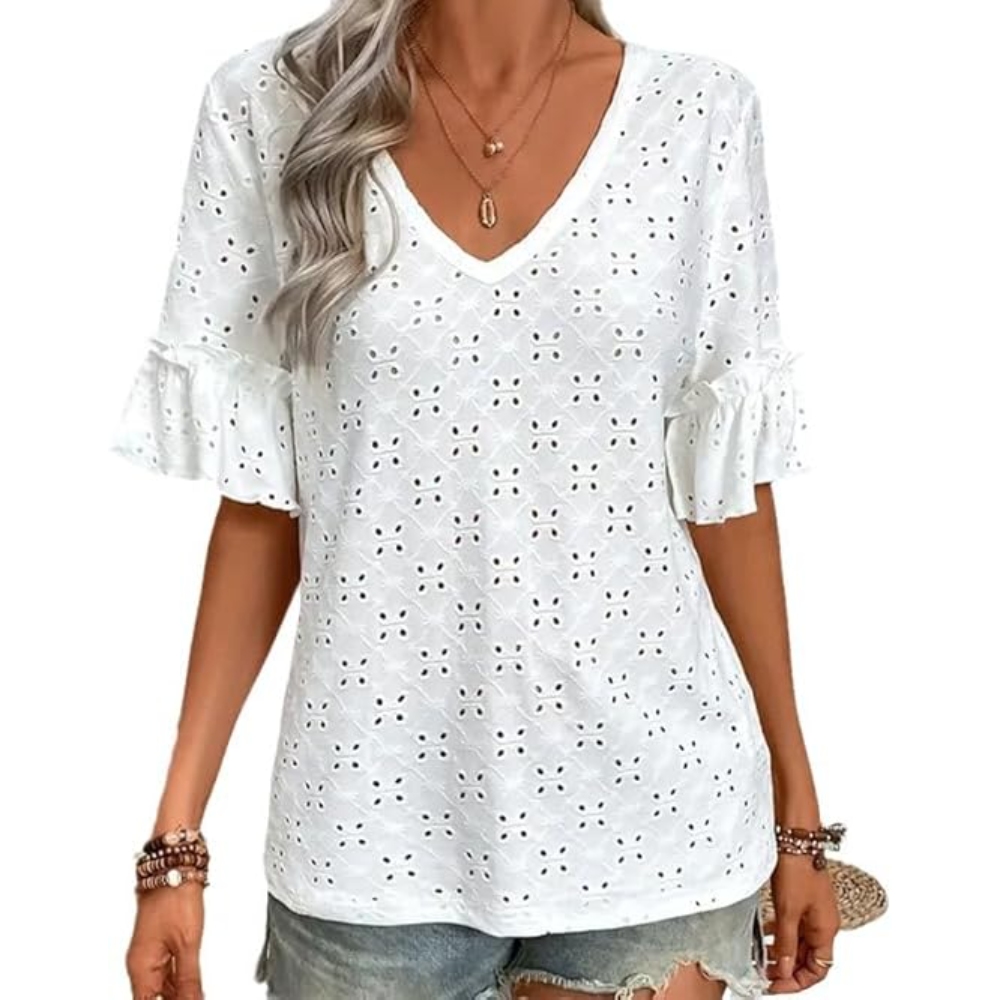 跨境外贸女装针织绣花镂空荷叶边V领短袖上衣女T恤女春秋欧美码
