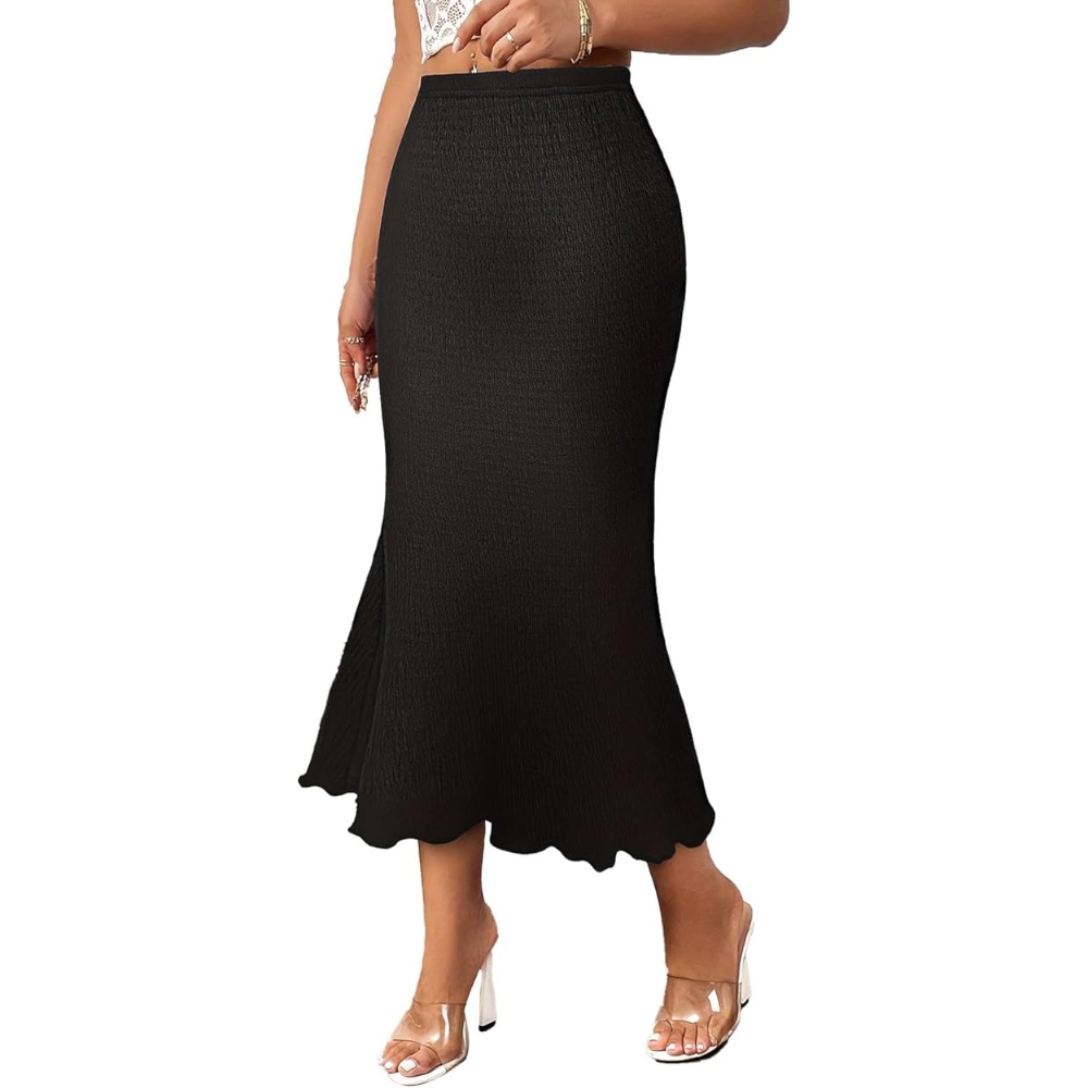 Women's Summer Fishtail Skirts Trendy Elastic Waistband High Waisted Bodycon Skirt Stretch Pencil Skirt with Tummy Control, Elegant Slim Fit Skirt for Casual Work Office Wear