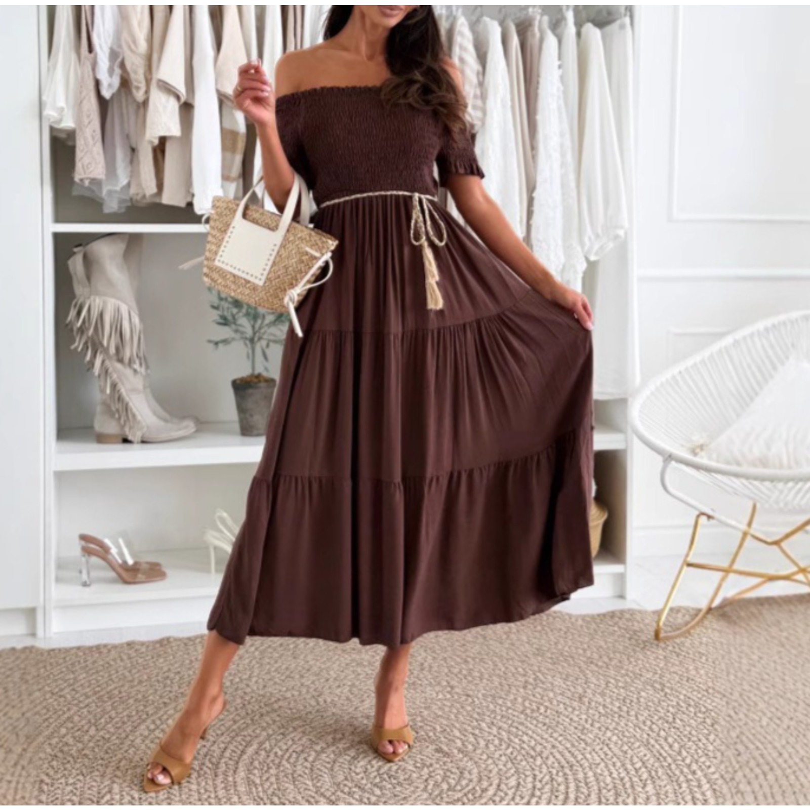 夏季纯色一字领短袖松紧收腰绑带拼接连衣裙