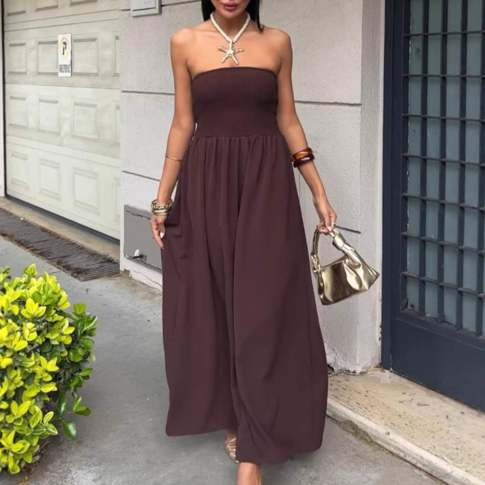 夏季新款性感裹胸收腰纯色长款连衣裙